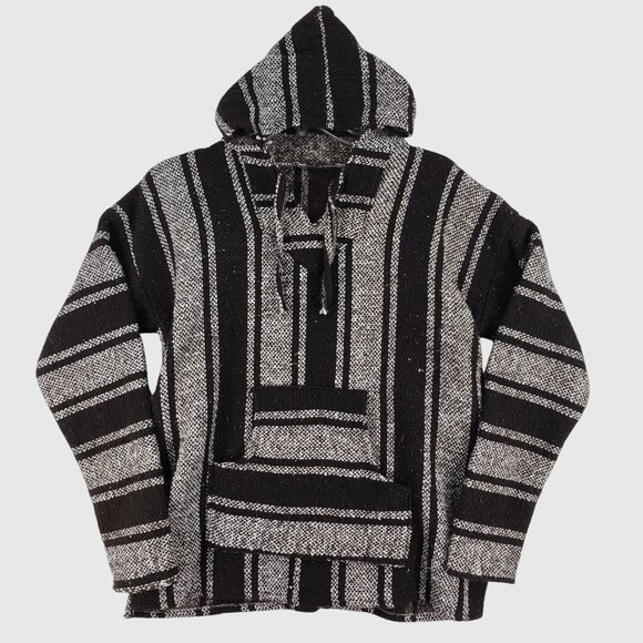Mexican Poncho Baja Hoodie Surfer Pullover BLACK & WHITE Size L Made In Mexico - Picture 1 of 7